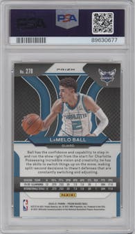 LaMelo Ball from the 2020-21 Panini Prizm set featuring a Gold Wave parallel graded by PSA and given an overall grade of 9.