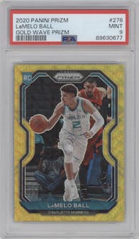 LaMelo Ball from the 2020-21 Panini Prizm set featuring a Gold Wave parallel graded by PSA and given an overall grade of 9.