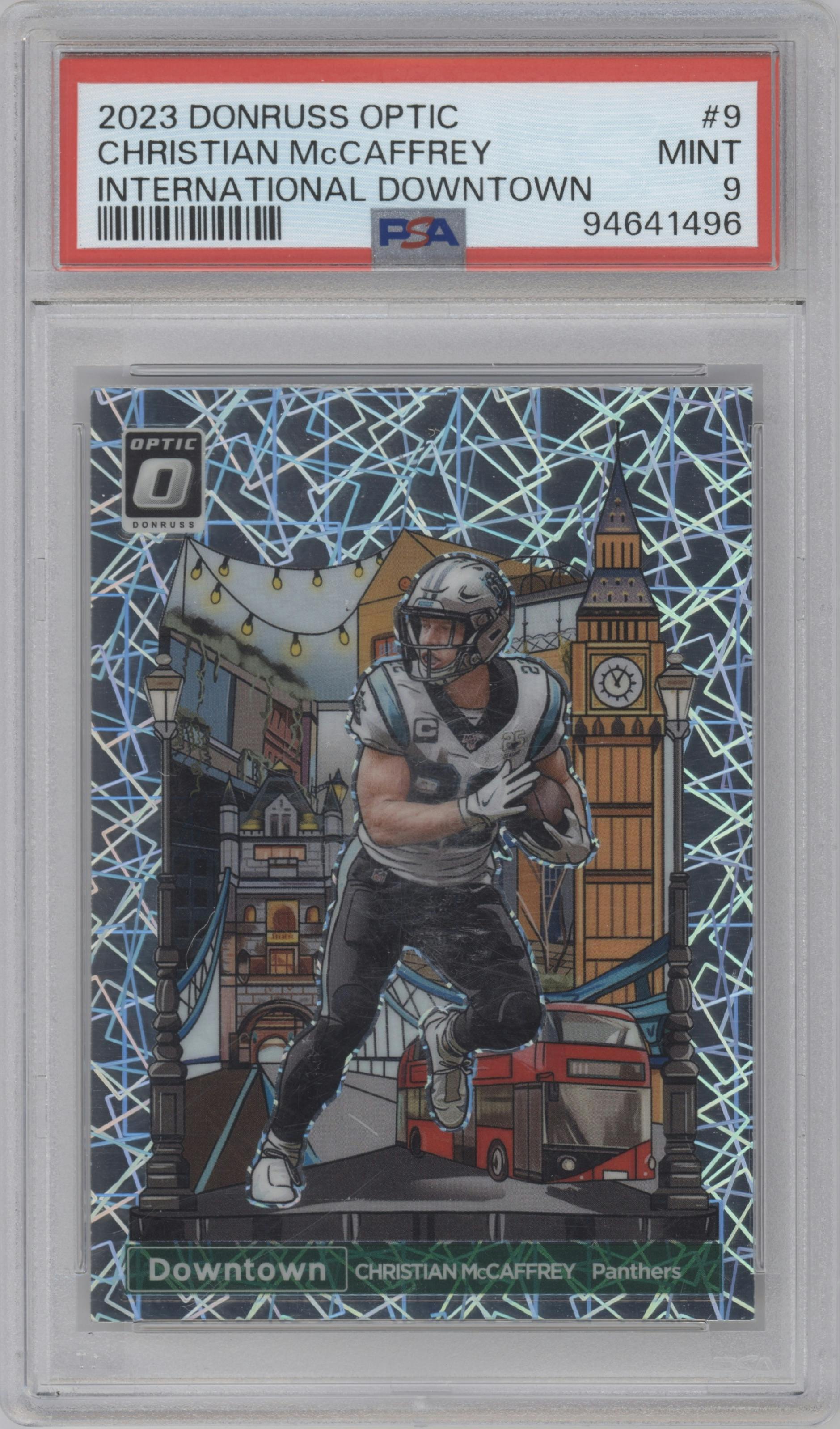 Christian McCaffrey from the 2023 Donruss Optic set graded by PSA and given an overall grade of 9.