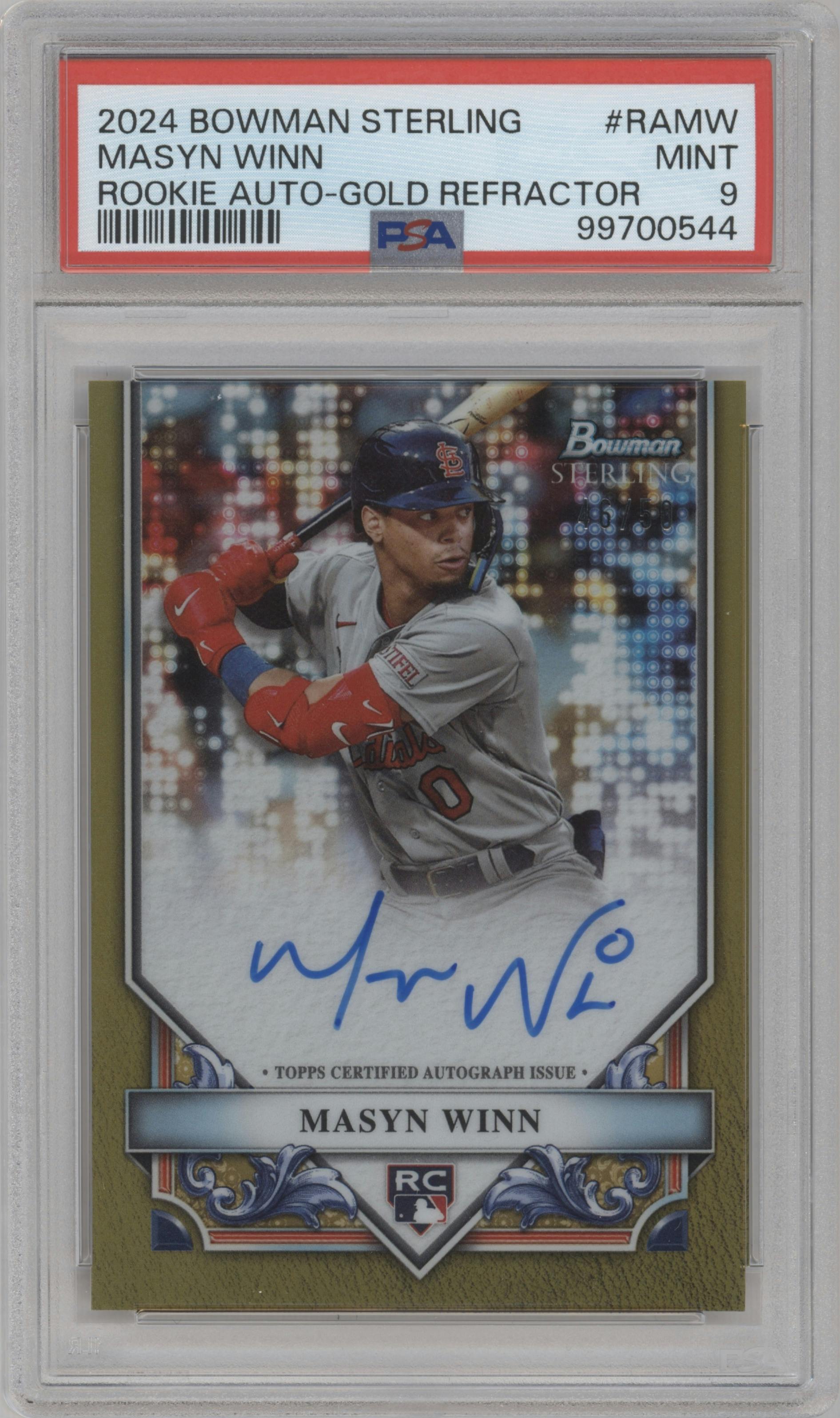 Masyn Winn from the 2024 Bowman Sterling set featuring a Gold Refractor parallel graded by PSA and given an overall grade of 9.