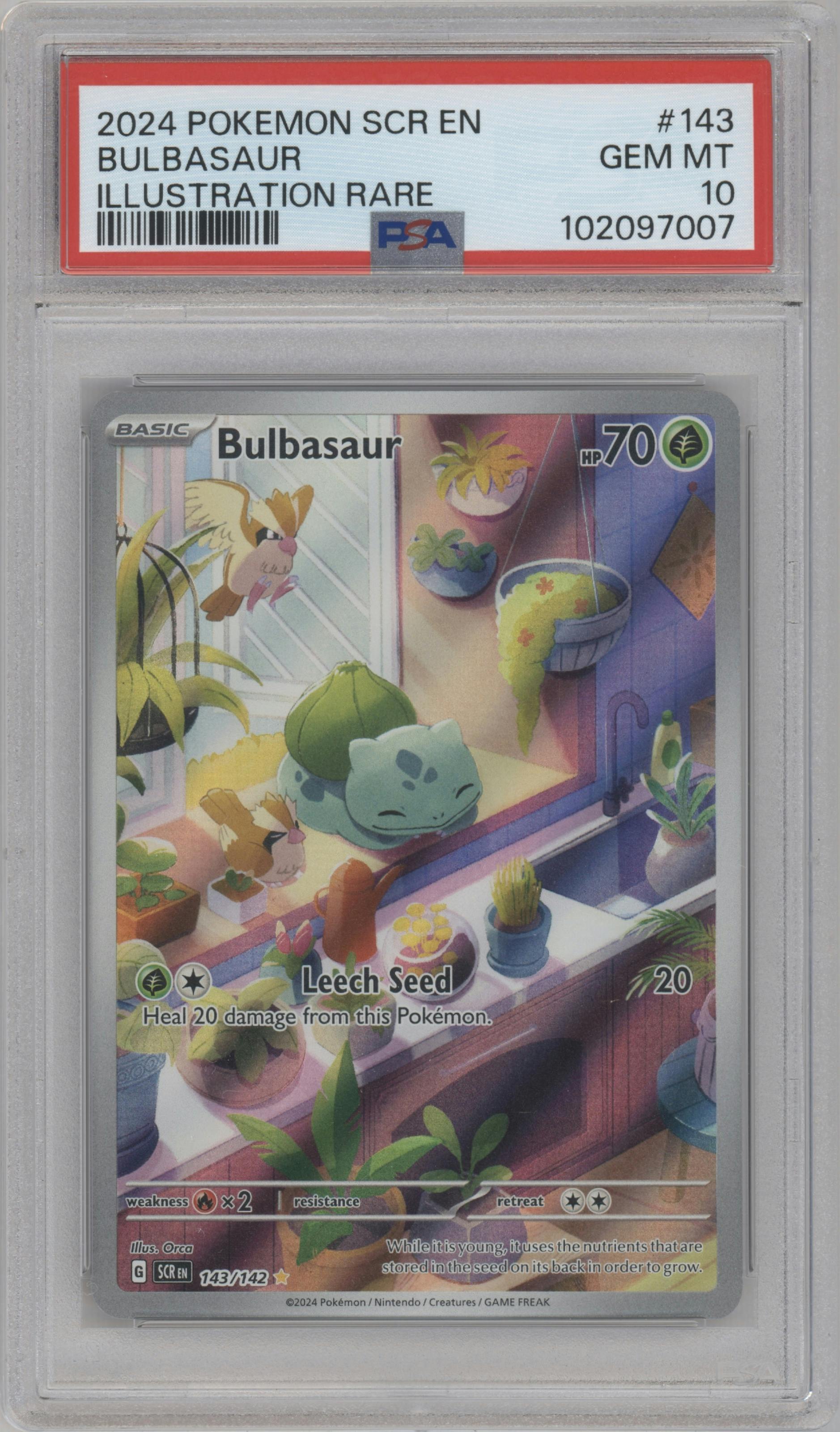 Bulbasaur from the 2024 Pokemon SV set graded by PSA and given an overall grade of 10.