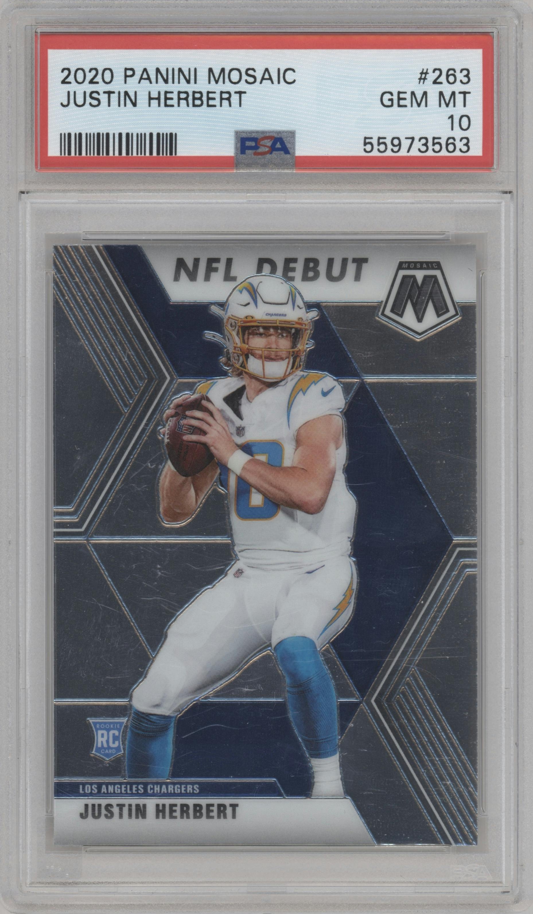 Justin Herbert from the 2020 Panini Mosaic set graded by PSA and given an overall grade of 10.