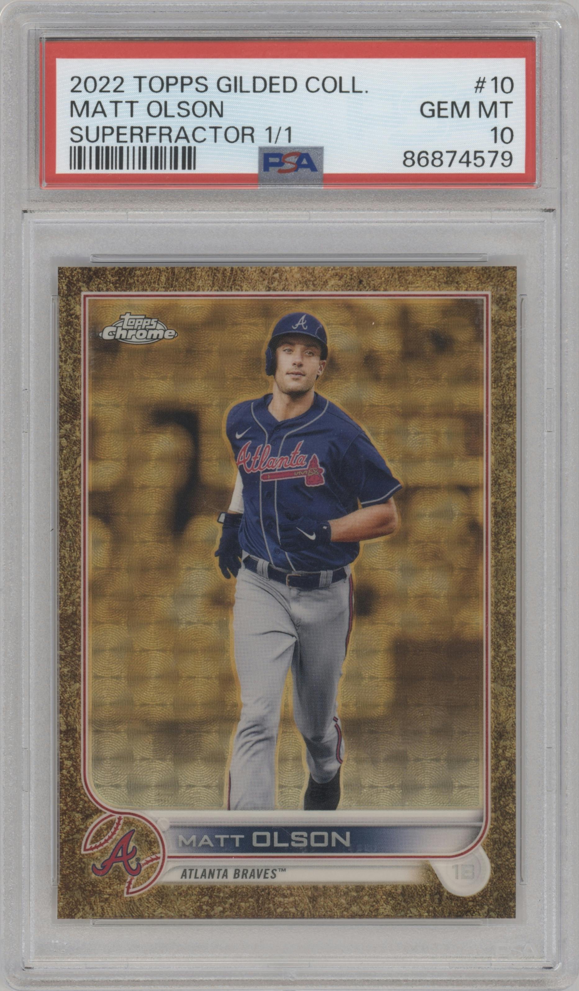 Matt Olson from the 2022 Topps Gilded Collection set featuring a SuperFractor parallel graded by PSA and given an overall grade of 10.