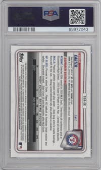 Evan Carter from the 2020 Bowman Draft set featuring a Blue Refractor parallel graded by PSA and given an overall grade of 10.
