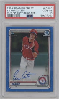 Evan Carter from the 2020 Bowman Draft set featuring a Blue Refractor parallel graded by PSA and given an overall grade of 10.