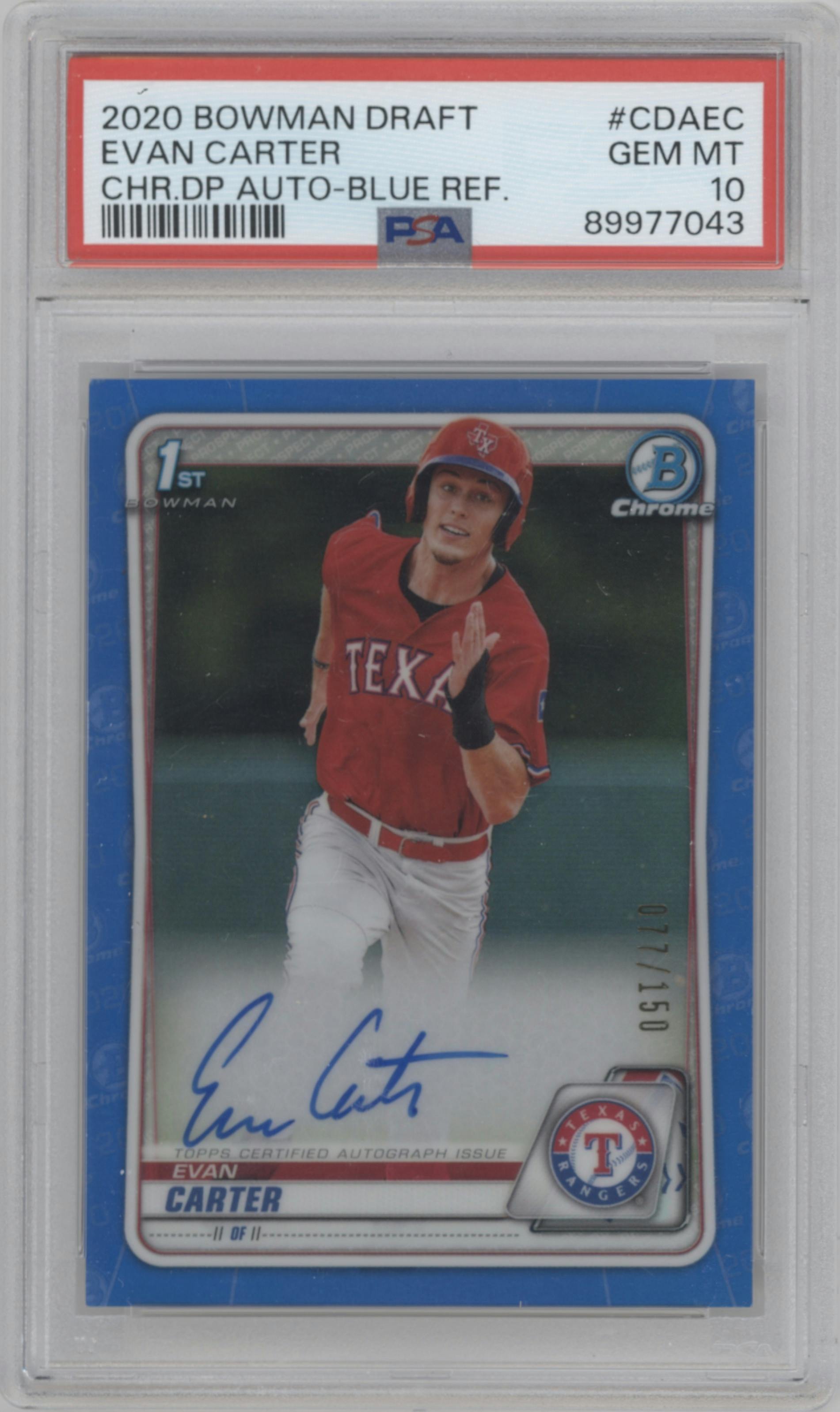 Evan Carter from the 2020 Bowman Draft set featuring a Blue Refractor parallel graded by PSA and given an overall grade of 10.