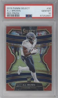 A.J. Brown from the 2019 Panini Select  set featuring a Red Prizm parallel graded by PSA and given an overall grade of 10.