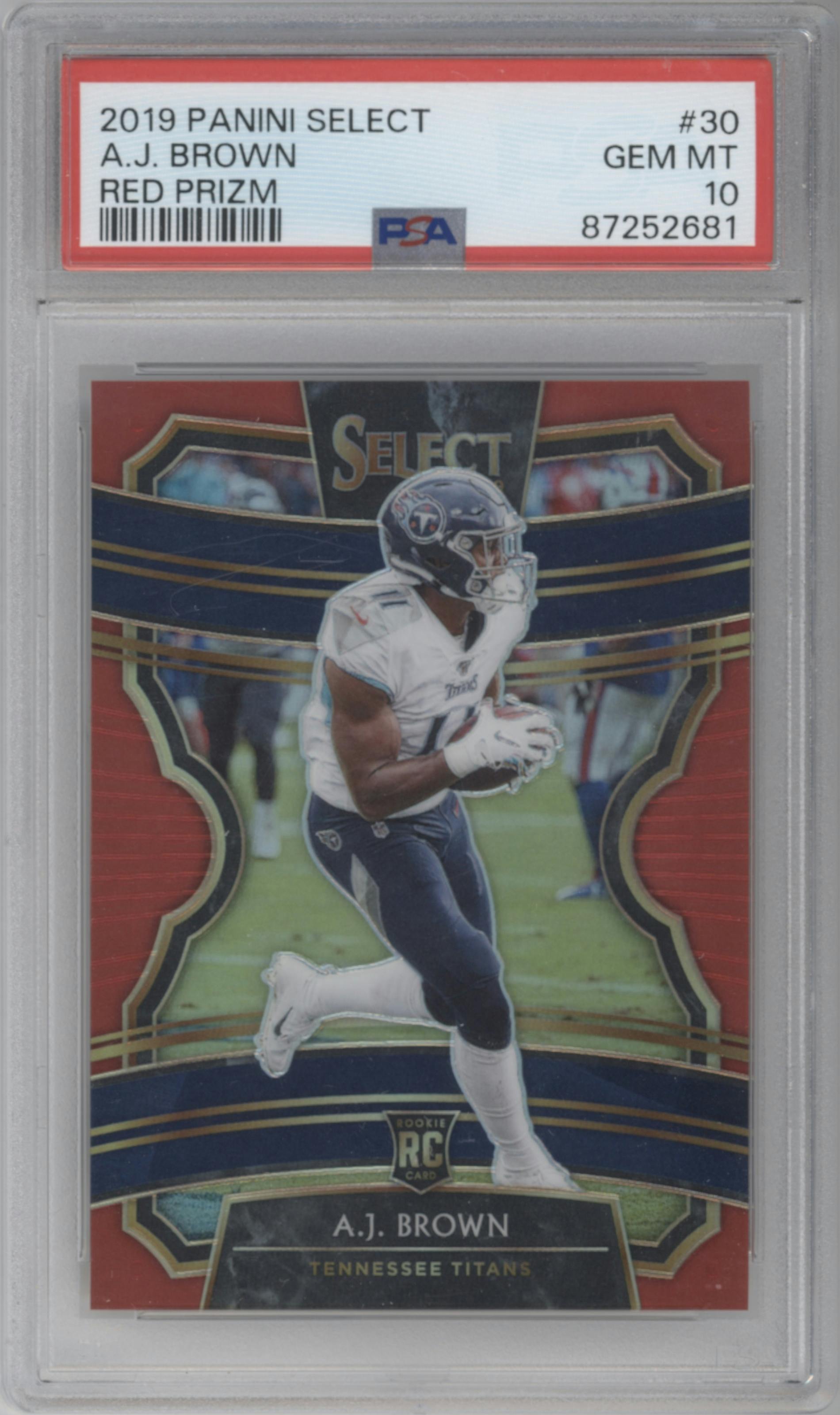A.J. Brown from the 2019 Panini Select  set featuring a Red Prizm parallel graded by PSA and given an overall grade of 10.