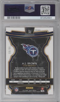 A.J. Brown from the 2019 Panini Select  set featuring a Red Prizm parallel graded by PSA and given an overall grade of 10.