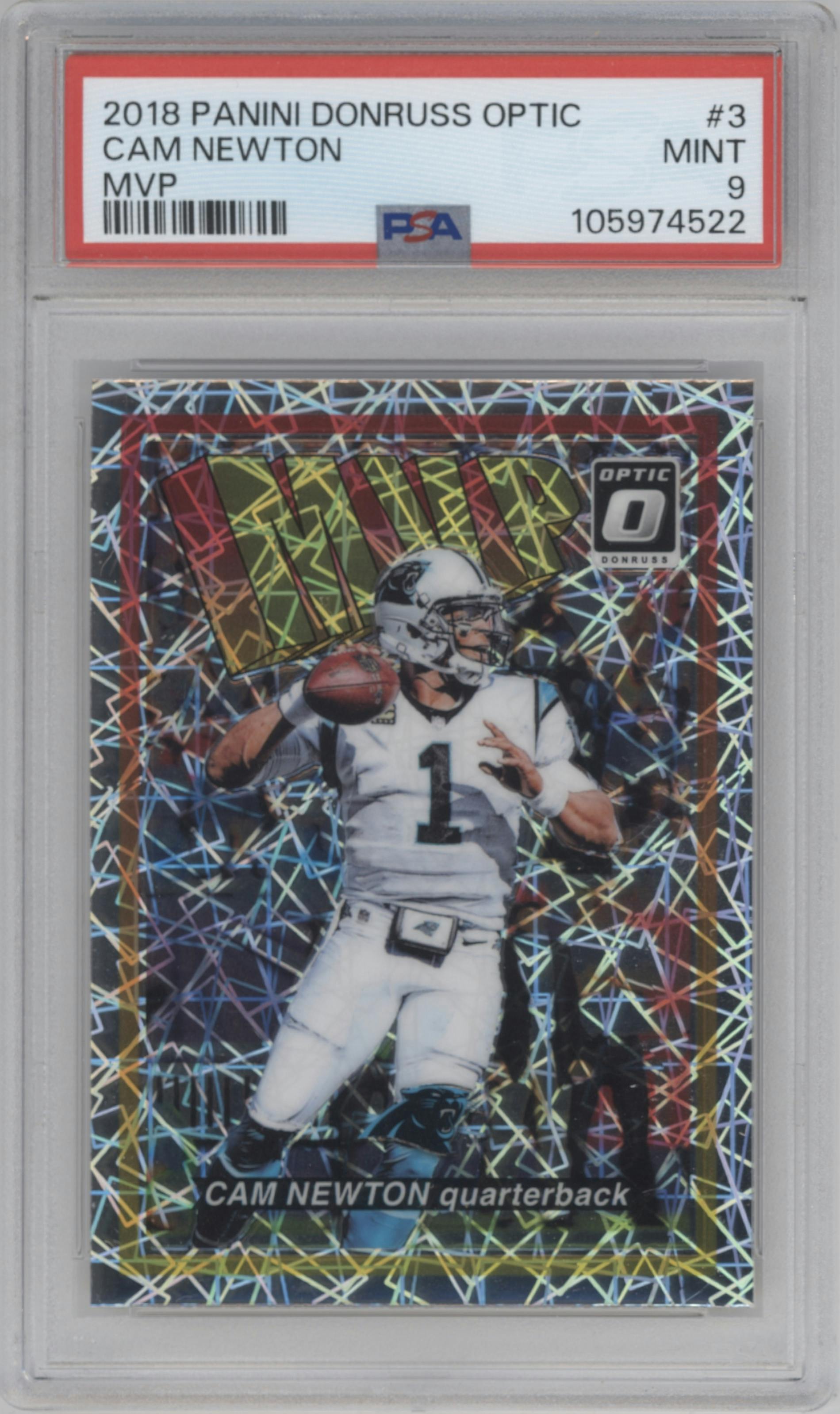 Cam Newton from the 2018 Panini Donruss Optic set graded by PSA and given an overall grade of 9.
