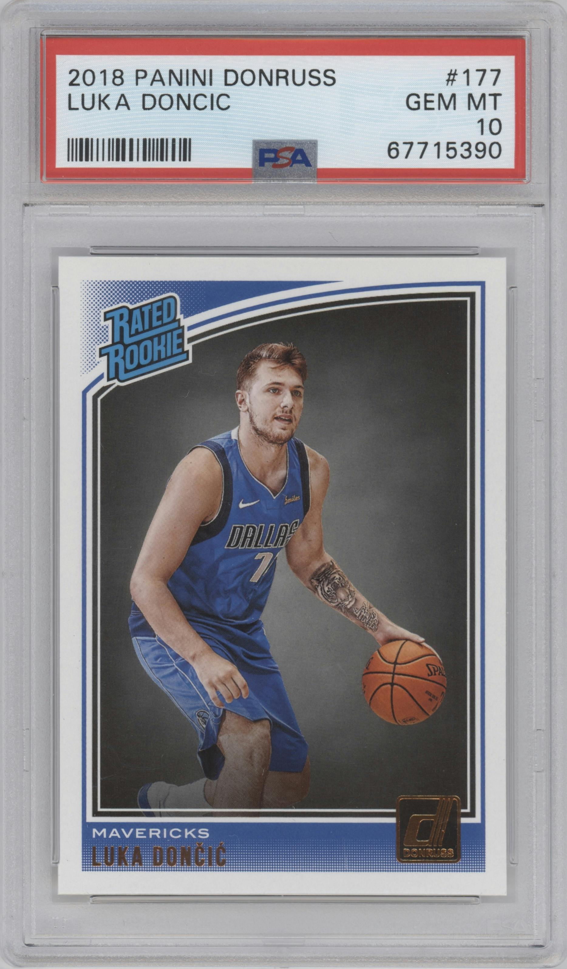 Luka Doncic from the 2018-19 Panini Donruss  set graded by PSA and given an overall grade of 10.