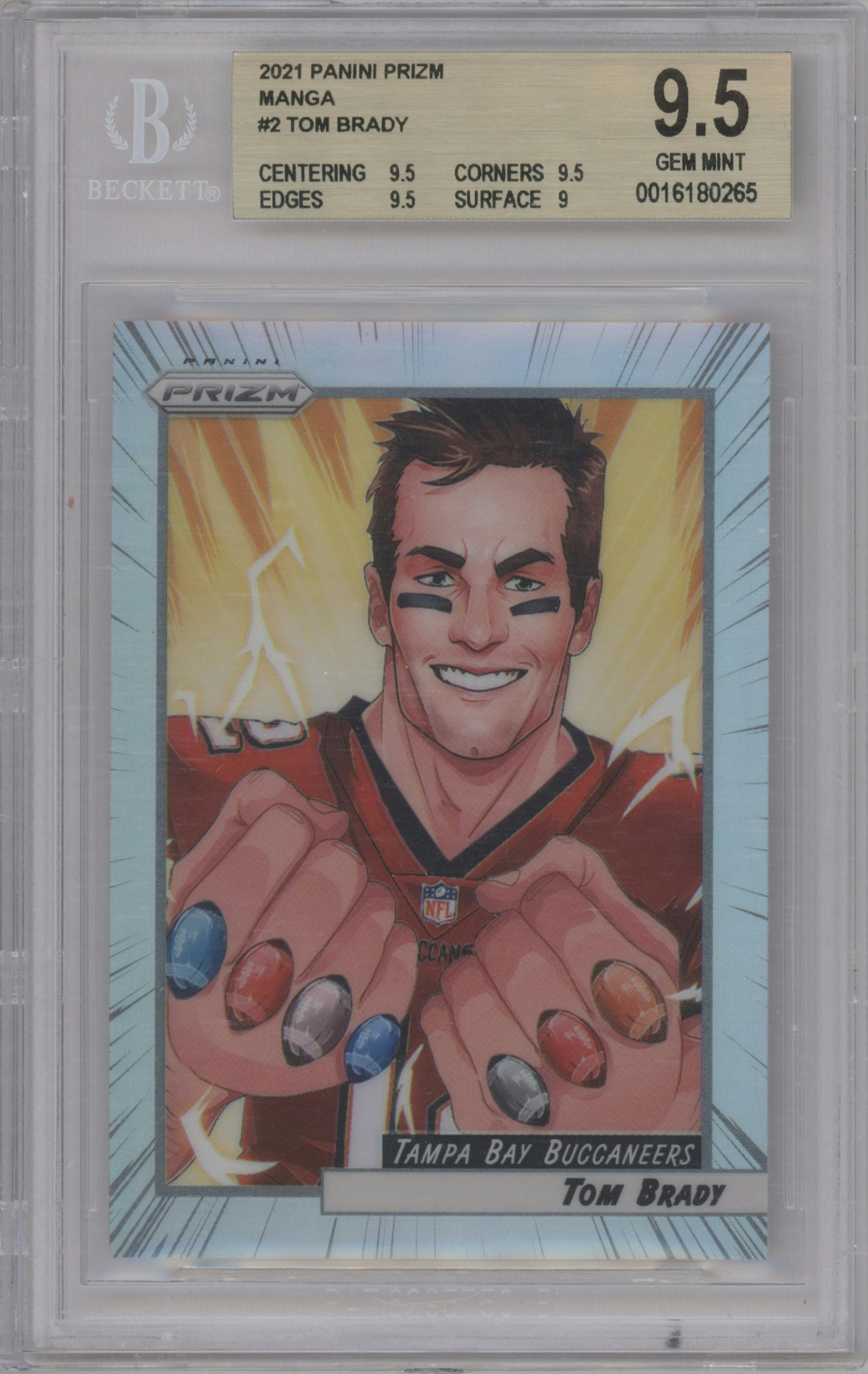 Tom Brady from the 2021 Panini Prizm set graded by Beckett and given an overall grade of 9.5.