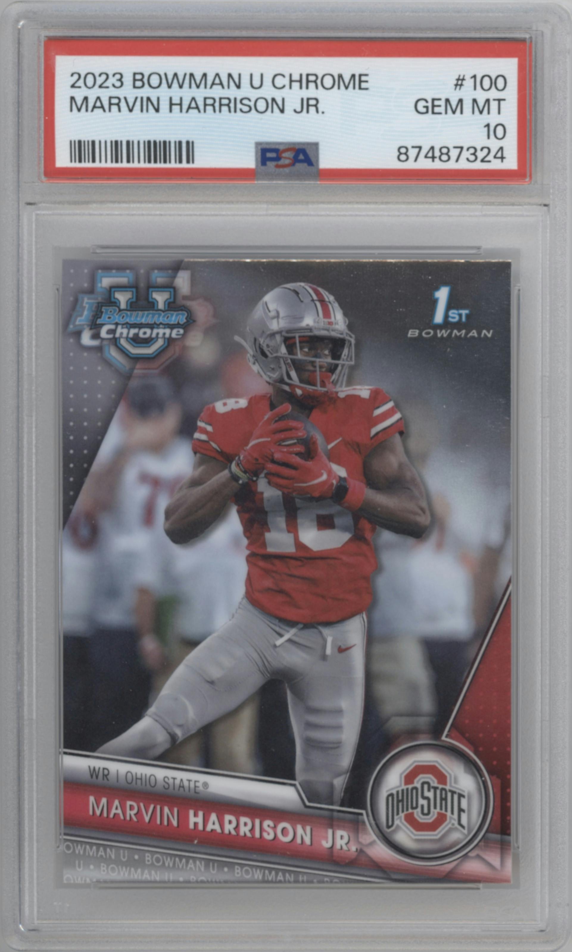 Marvin Harrison Jr.  from the 2023 Bowman Chrome University set graded by PSA and given an overall grade of 10.