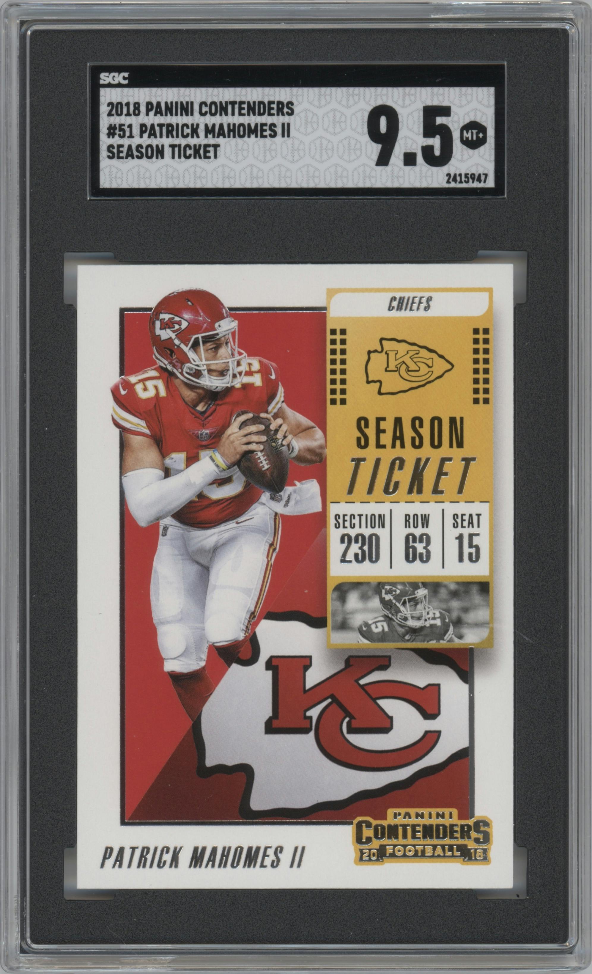 Patrick Mahomes II from the 2018 Panini Contenders set graded by SGC and given an overall grade of 9.5.