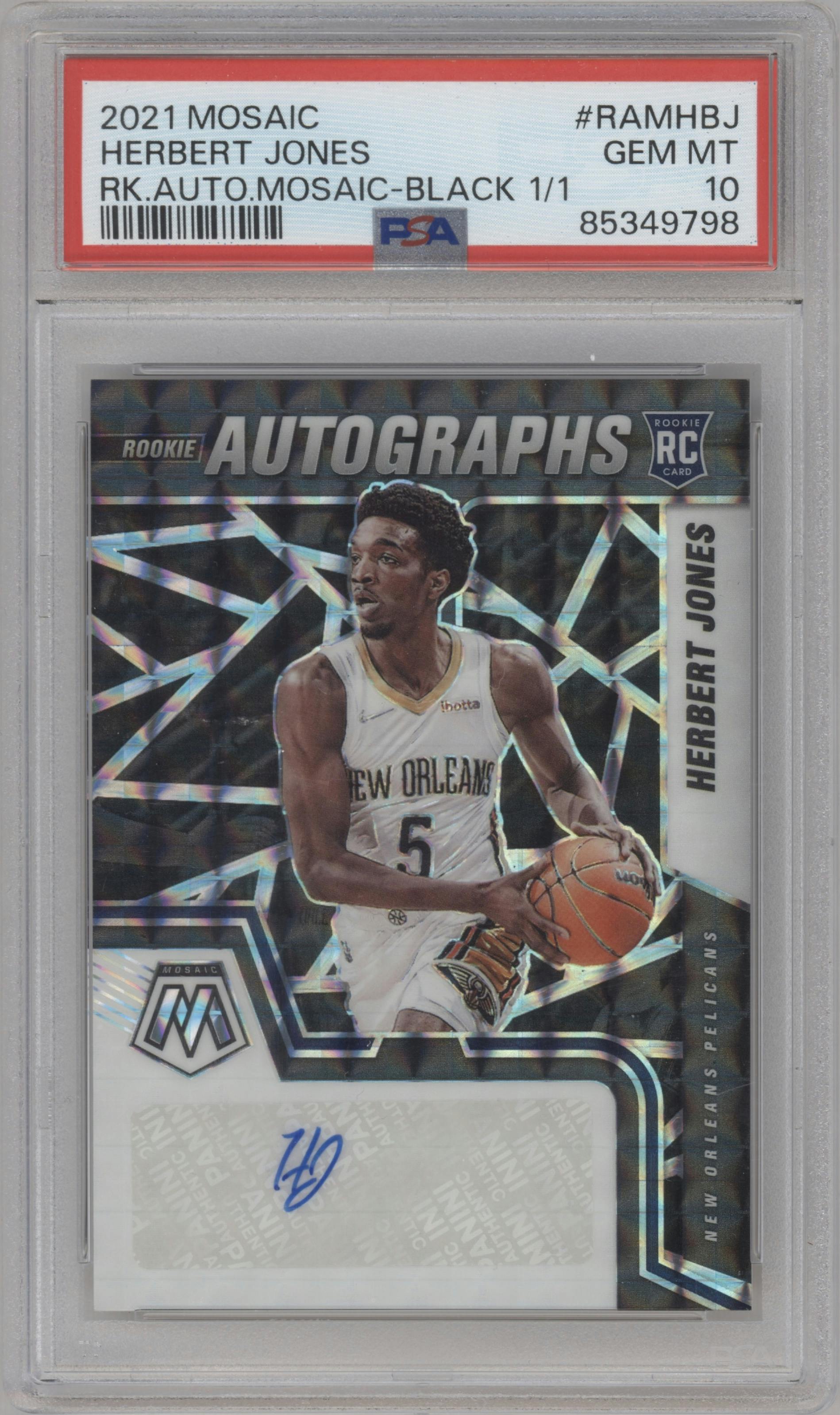 Herbert Jones from the 2021-22 Panini Mosaic  set featuring a Black Mosaic parallel graded by PSA and given an overall grade of 10.