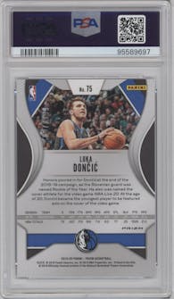 Luka Doncic from the 2019-20 Panini Prizm set featuring a Blue Prizm parallel graded by PSA and given an overall grade of 10.