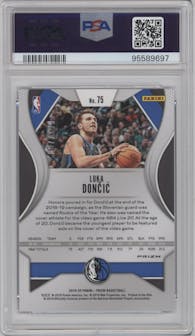 Luka Doncic from the 2019-20 Panini Prizm set featuring a Blue Prizm parallel graded by PSA and given an overall grade of 10.