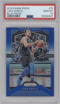 Luka Doncic from the 2019-20 Panini Prizm set featuring a Blue Prizm parallel graded by PSA and given an overall grade of 10.