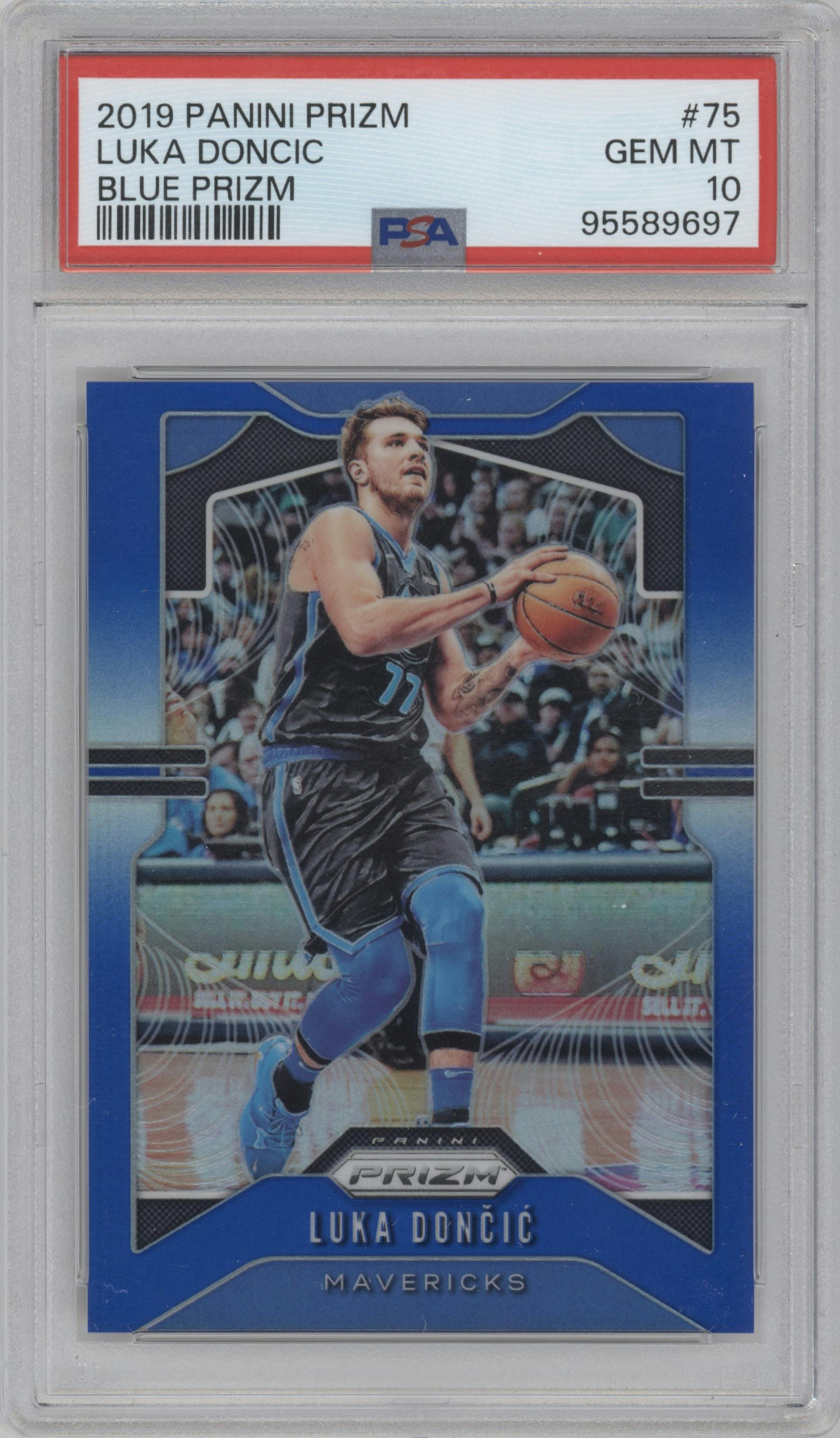 Luka Doncic from the 2019-20 Panini Prizm set featuring a Blue Prizm parallel graded by PSA and given an overall grade of 10.