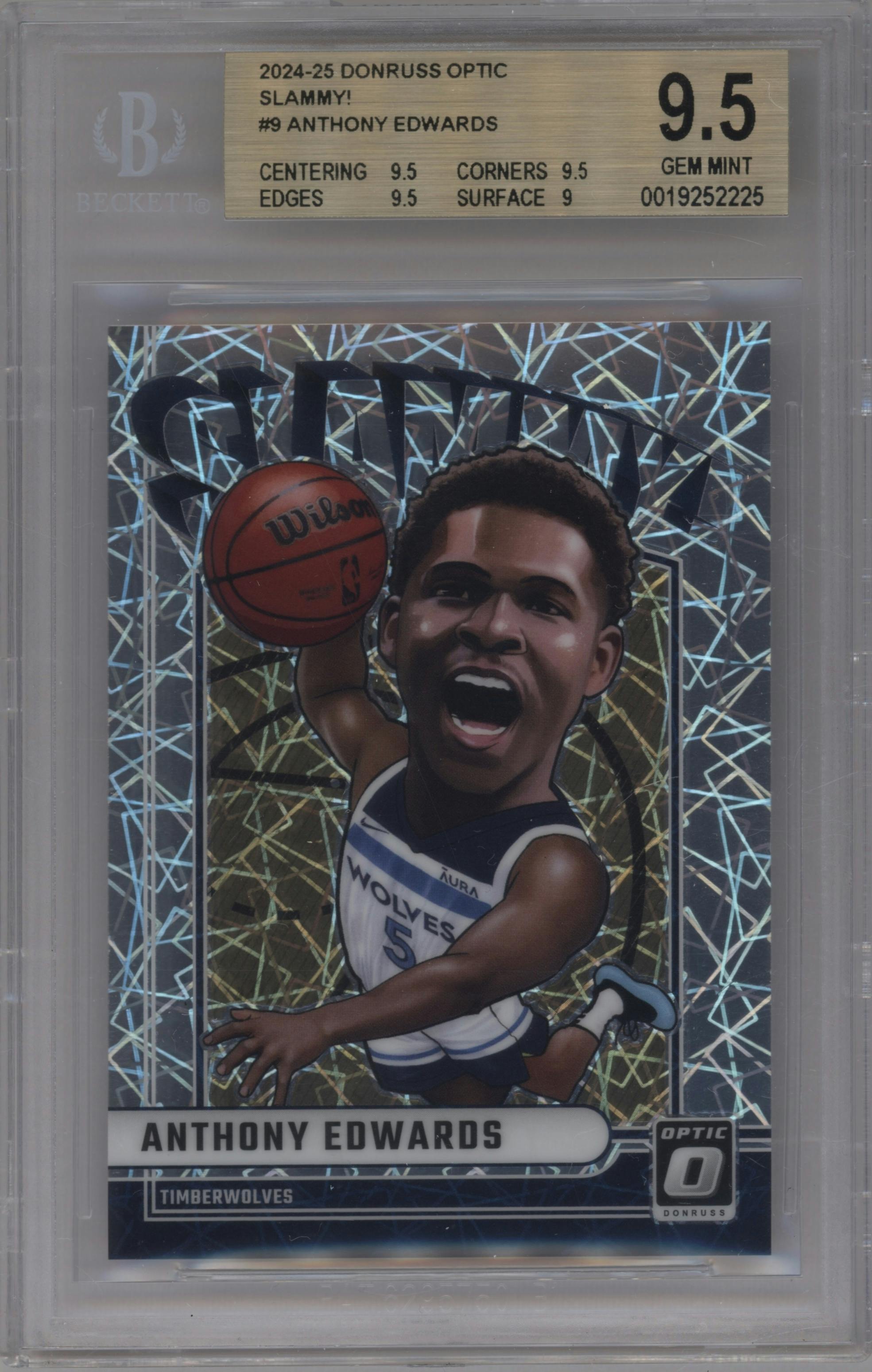 Anthony Edwards from the 2024-25 Donruss Optic set graded by Beckett and given an overall grade of 9.5.