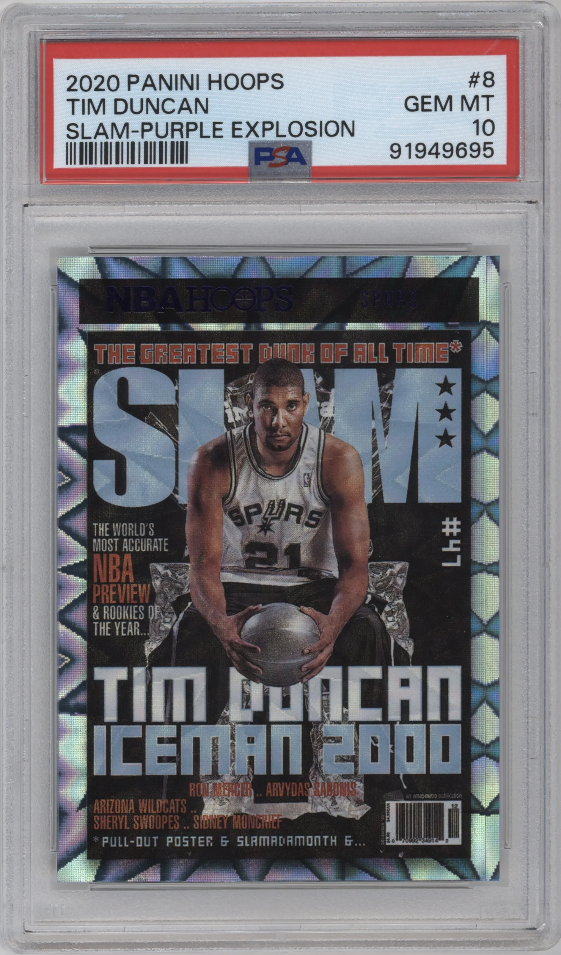 2020 Panini NBA Hoops SLAM Tim Duncan Purple Explosion #8 PSA 10