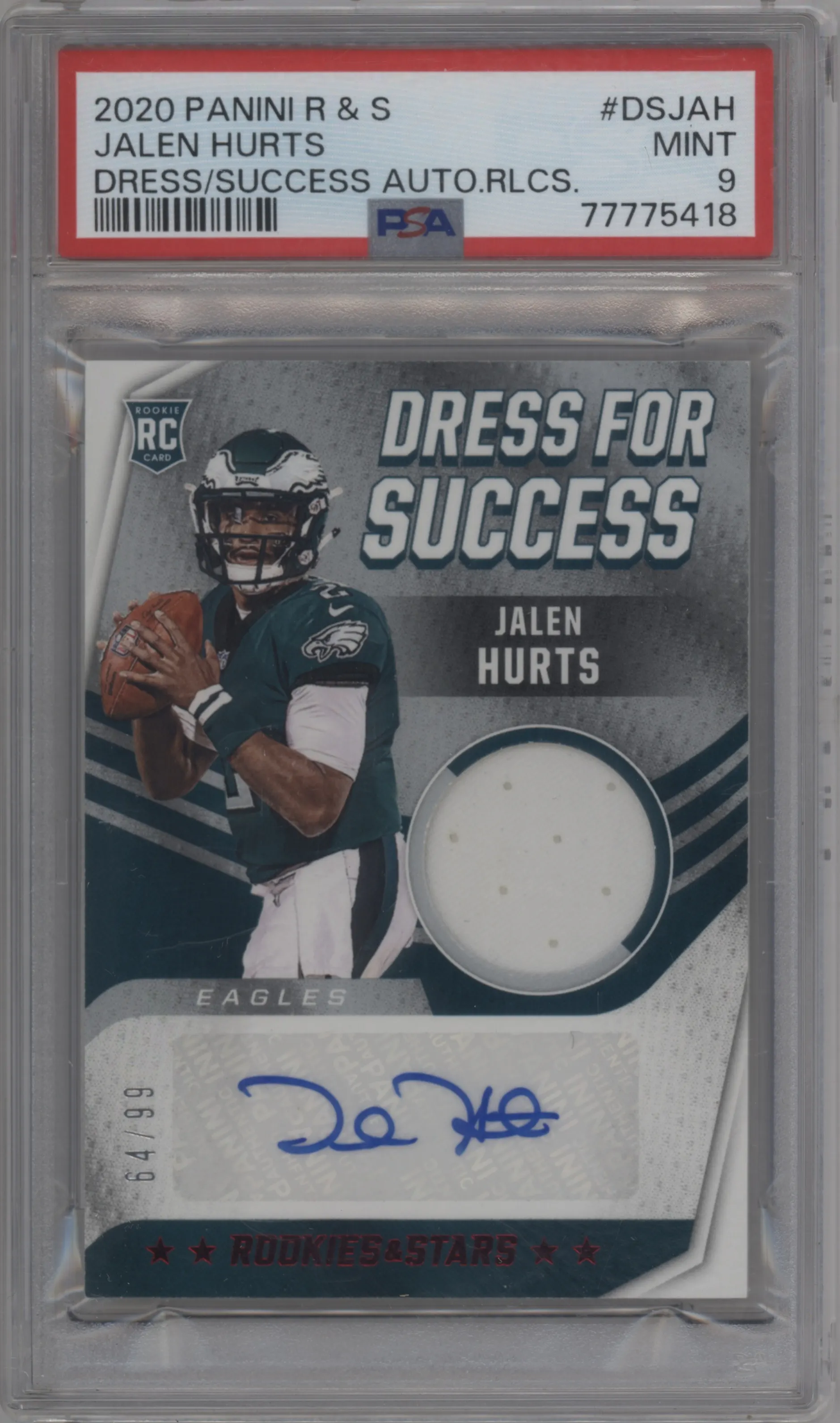 2020 Panini Rookies & Stars Dress for Success Au.Rlc. Jalen Hurts #DS-JAH PSA 9