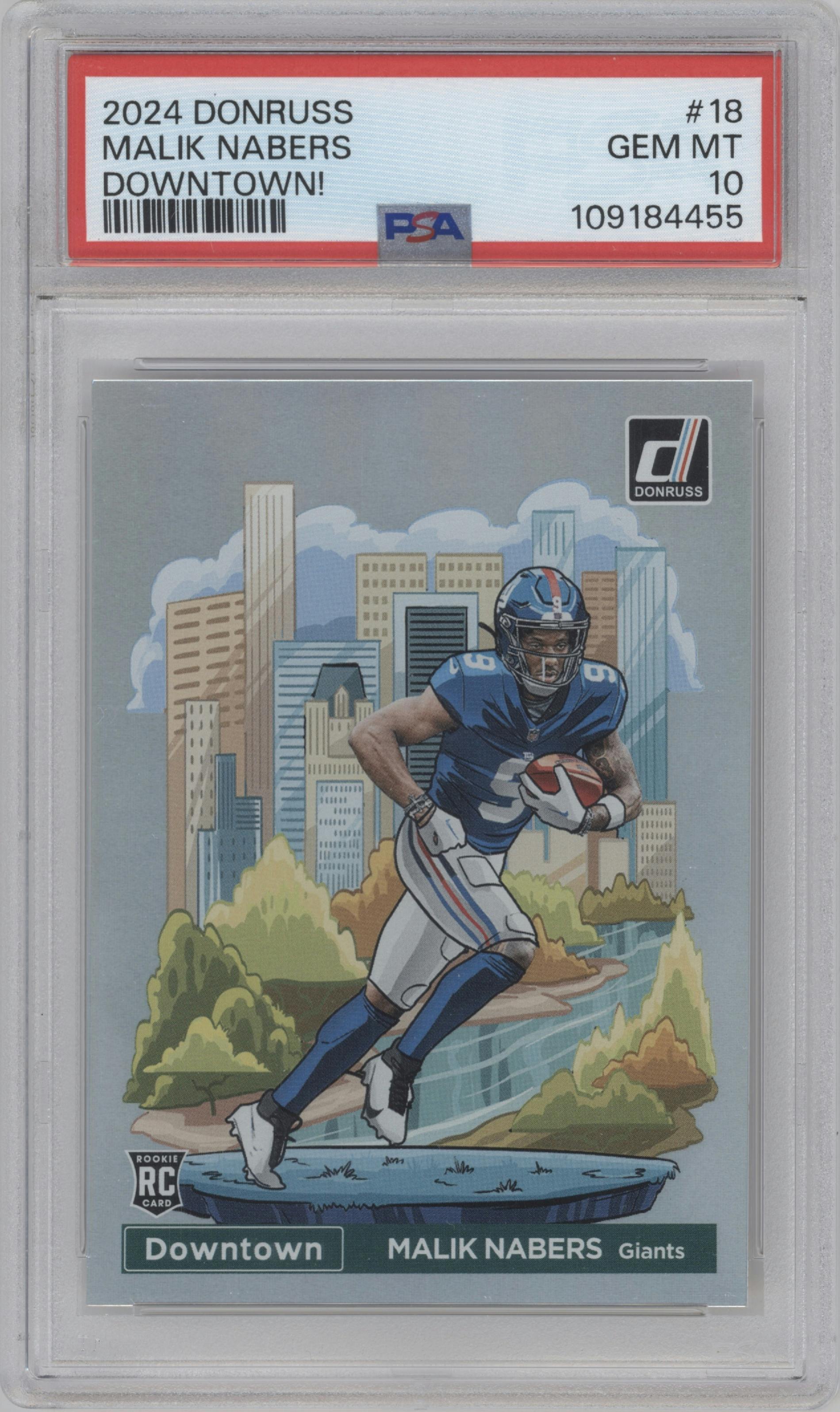 Malik Nabers  from the 2024 Donruss set graded by PSA and given an overall grade of 10.