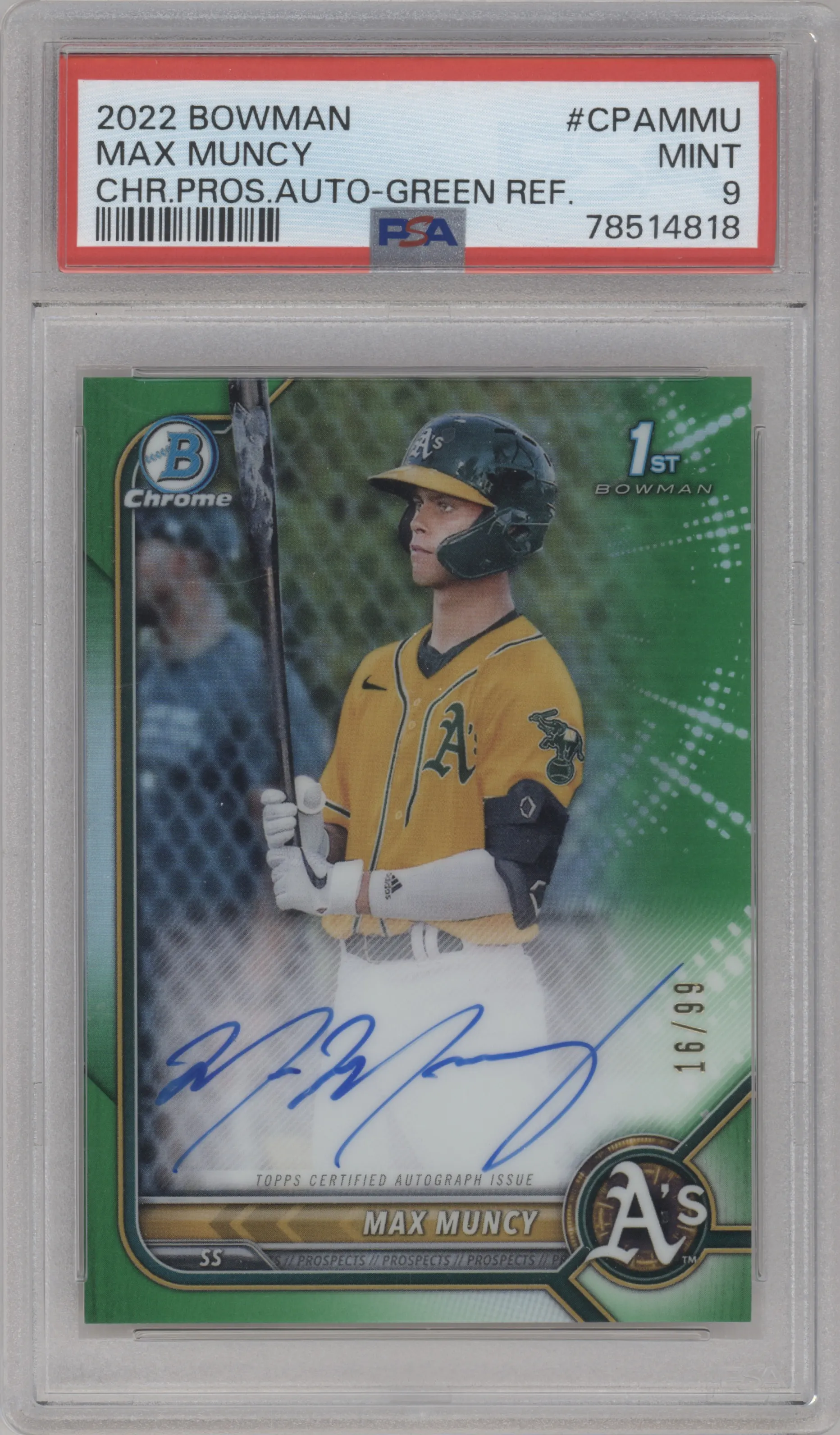 2022 Bowman Chr.Pros.Auto Max Muncy Green Refractor PSA 9