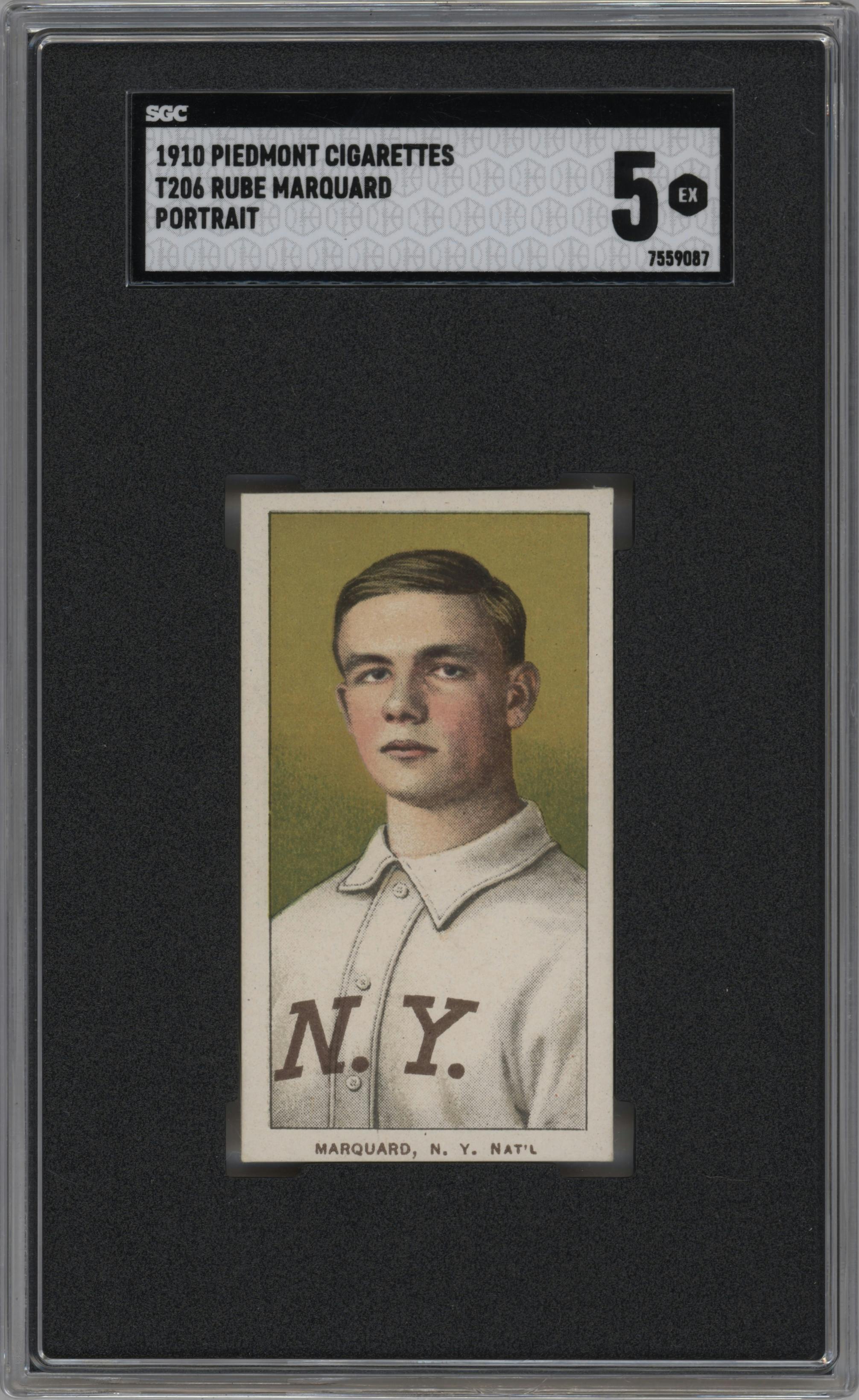 Rube Marquard from the 1909-11 T206 set graded by SGC and given an overall grade of 5.