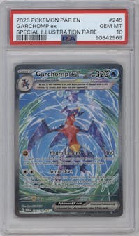 Garchomp ex from the 2023 Pokemon SV set graded by PSA and given an overall grade of 10.