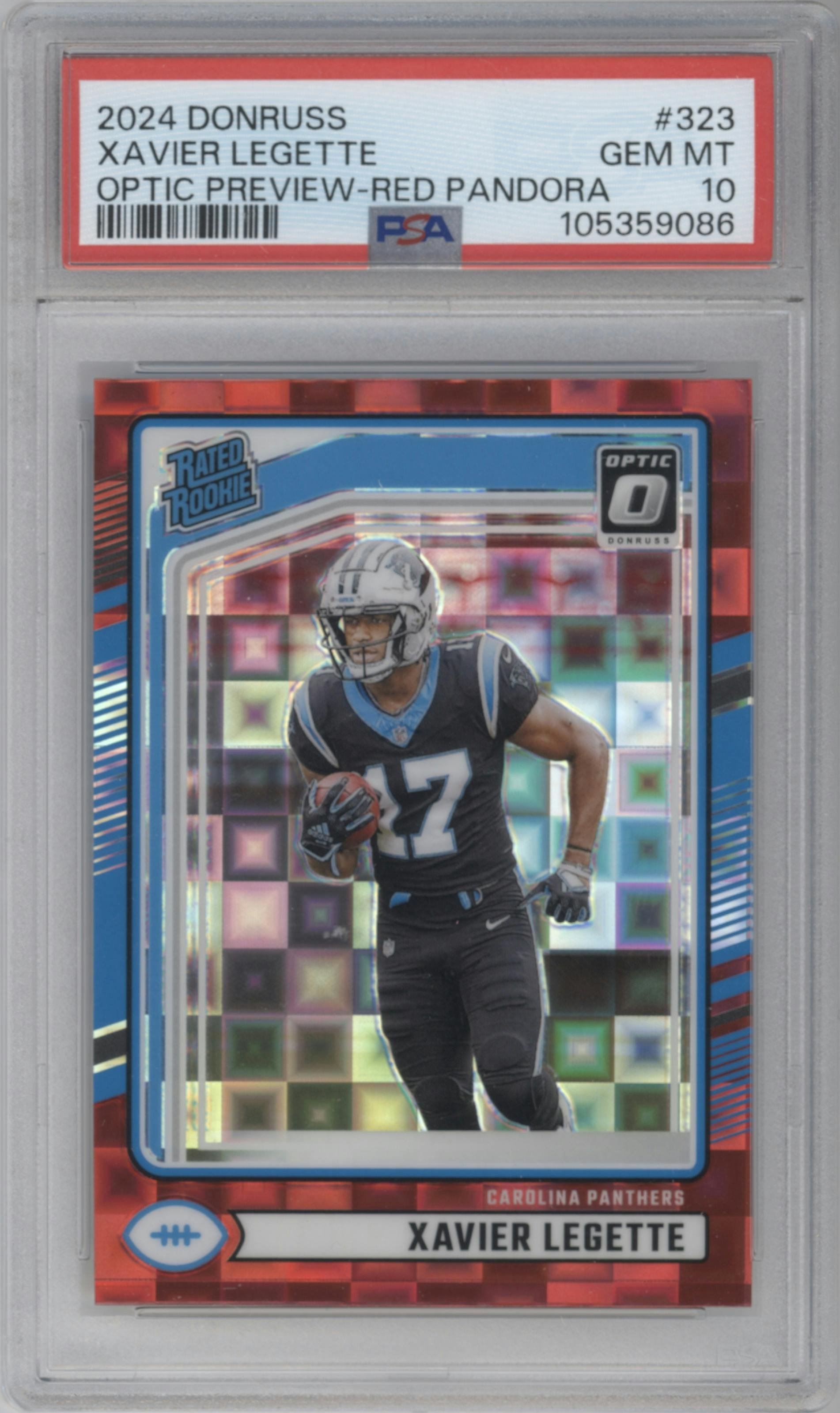 Xavier Legette from the 2024 Donruss set featuring a Red Pandora parallel graded by PSA and given an overall grade of 10.