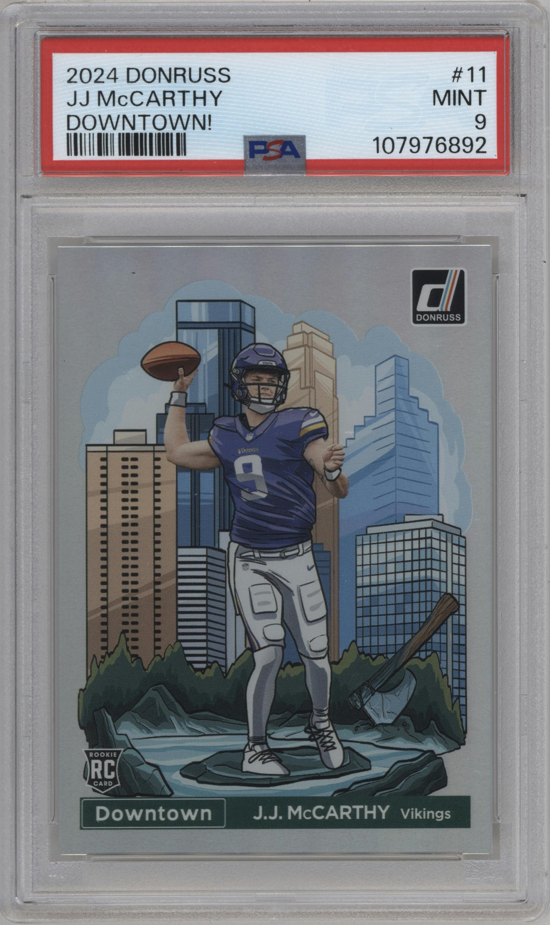J.J. McCarthy from the 2024 Donruss set graded by PSA and given an overall grade of 9.
