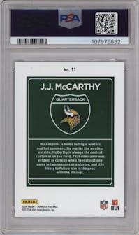 J.J. McCarthy from the 2024 Donruss set graded by PSA and given an overall grade of 9.