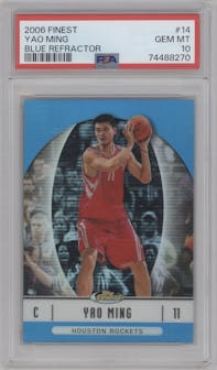 Yao Ming from the 2006-07 Topps Finest set featuring a Blue Refractor parallel graded by PSA and given an overall grade of 10.