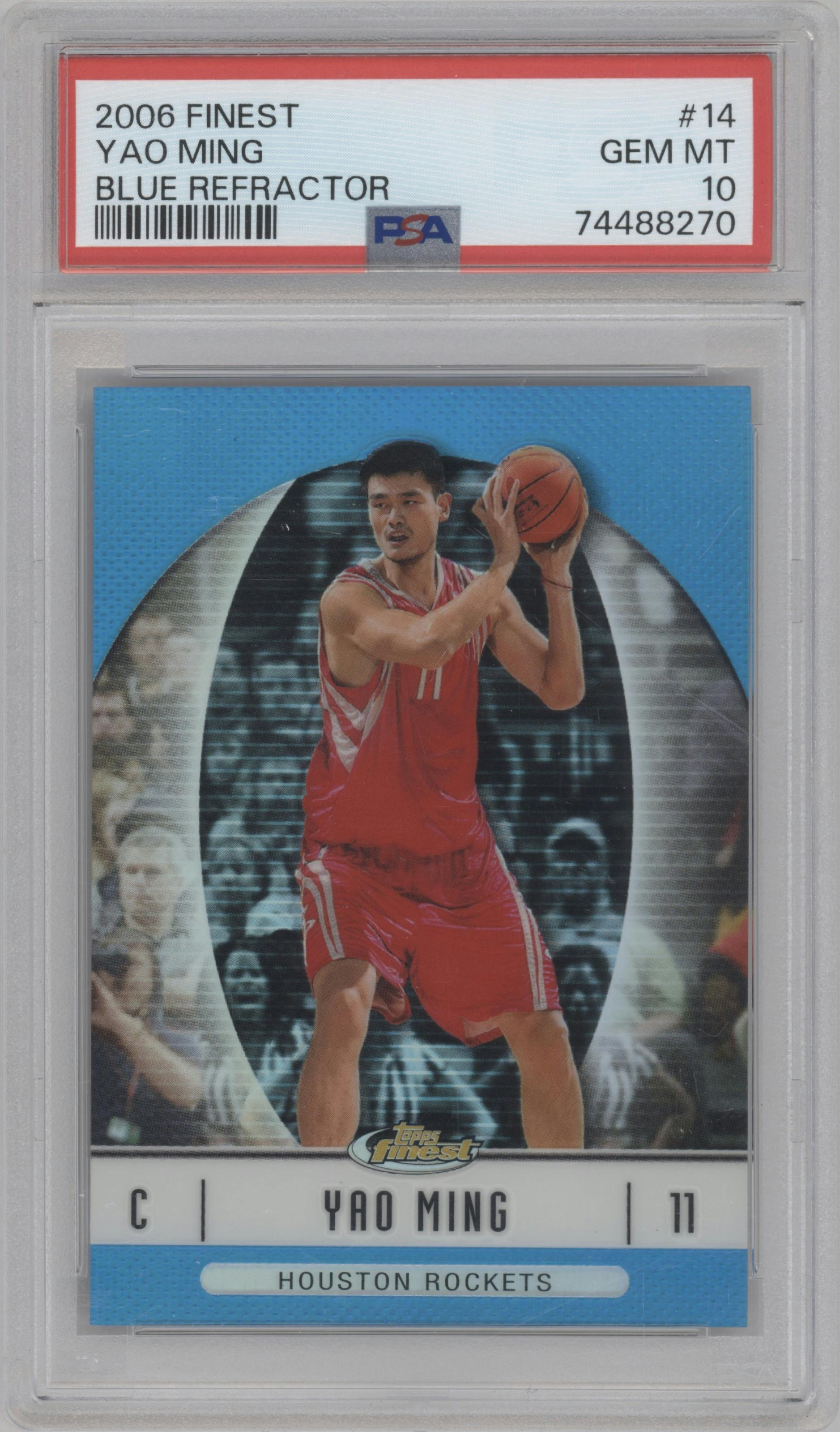 Yao Ming from the 2006-07 Topps Finest set featuring a Blue Refractor parallel graded by PSA and given an overall grade of 10.