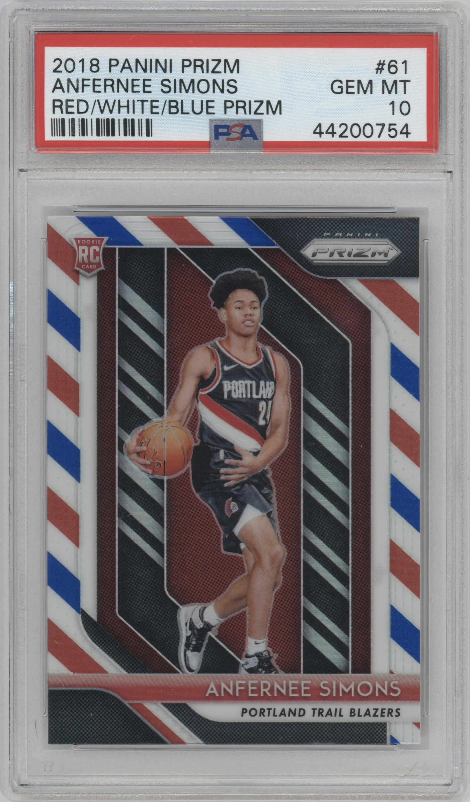 Anfernee Simons from the 2018-19 Panini Prizm set featuring a Red White Blue Prizm parallel graded by PSA and given an overall grade of 10.