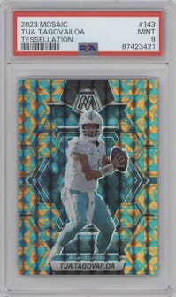 Tua Tagovailoa from the 2023 Panini Mosaic set featuring a Tessellation parallel graded by PSA and given an overall grade of 9.