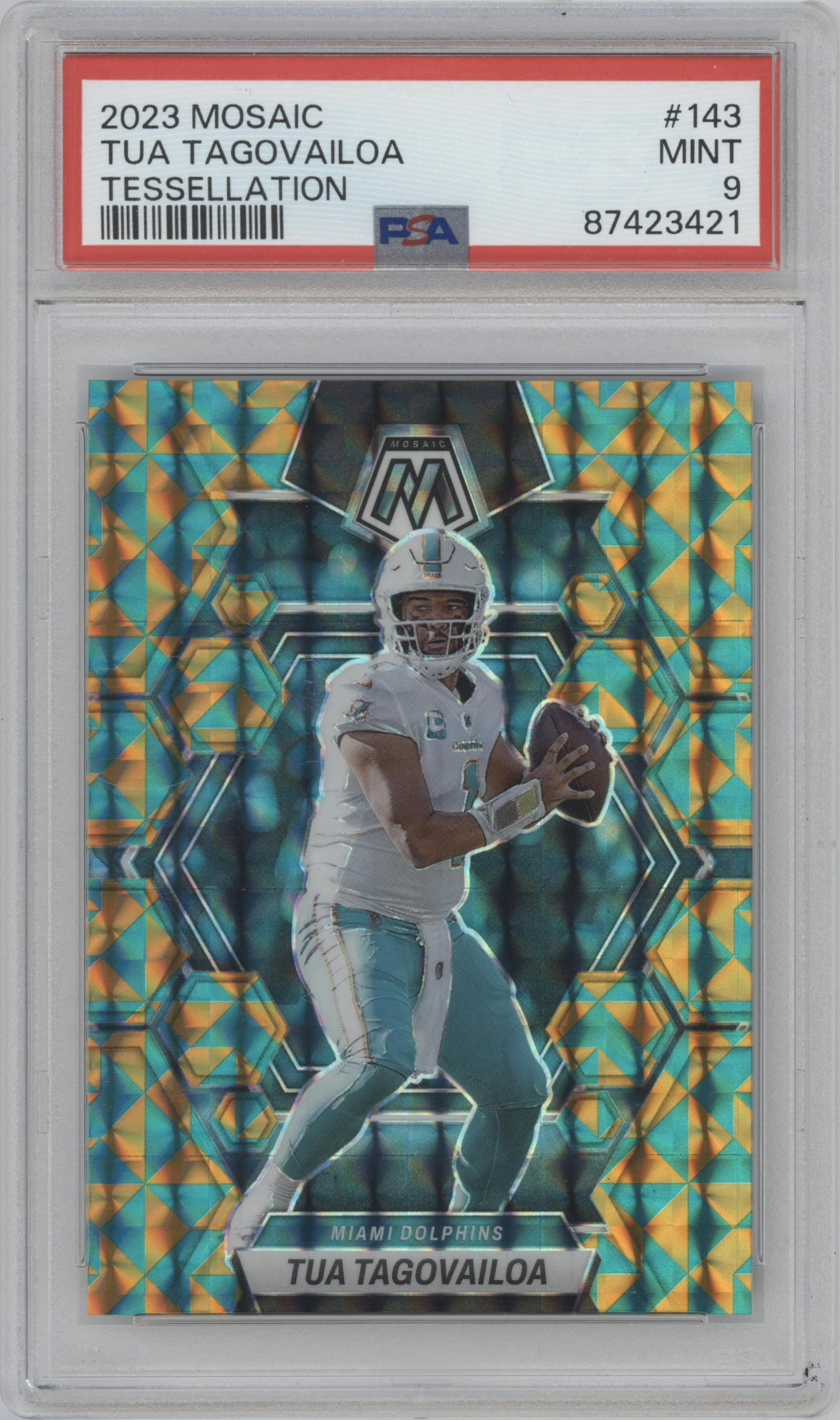 Tua Tagovailoa from the 2023 Panini Mosaic set featuring a Tessellation parallel graded by PSA and given an overall grade of 9.