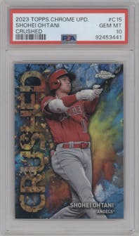 Shohei Ohtani from the 2023 Topps Chrome Update set graded by PSA and given an overall grade of 10.