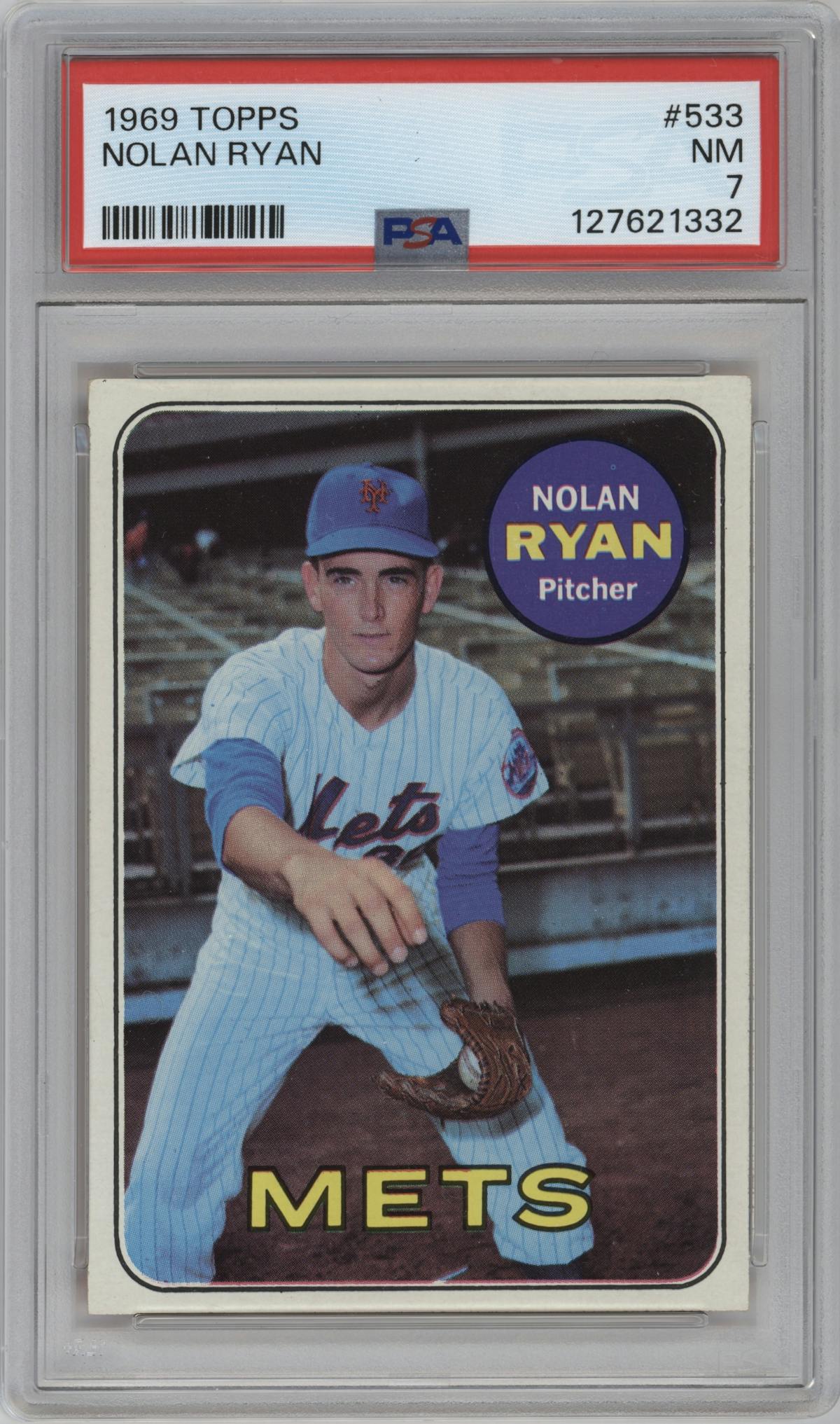 Nolan Ryan from the 1969 Topps set graded by PSA and given an overall grade of 7.