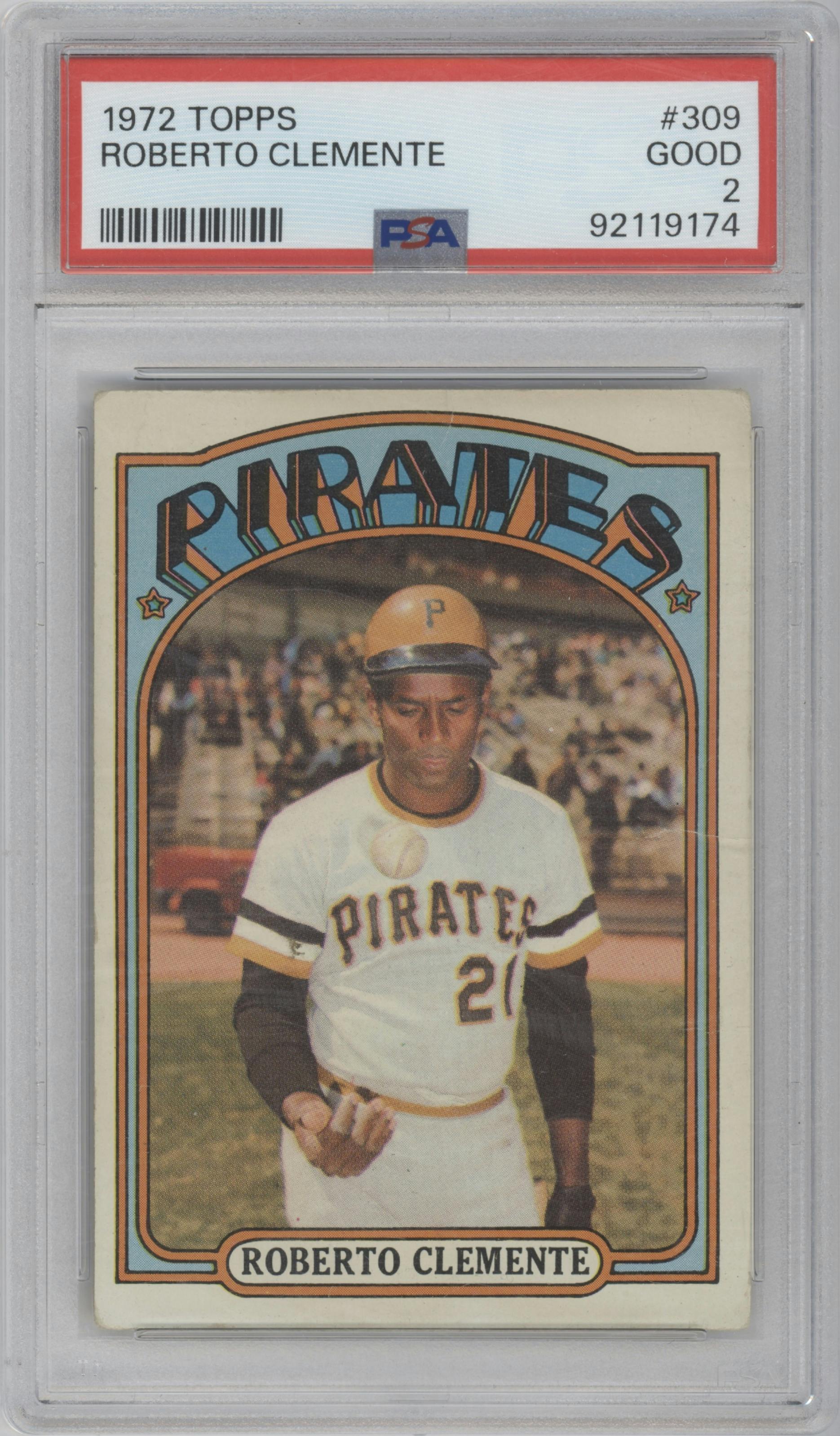 Roberto Clemente from the 1972 Topps set graded by PSA and given an overall grade of 2.