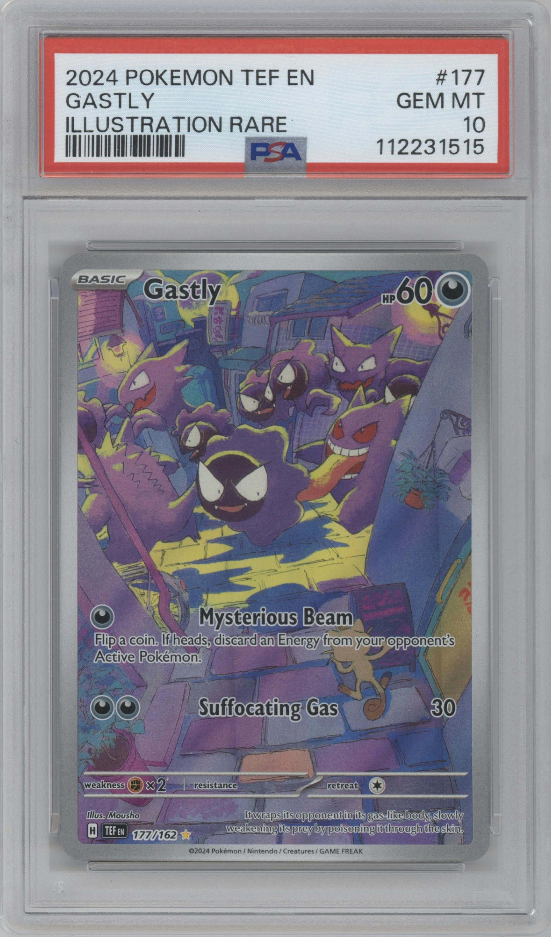 Gastly from the 2024 Pokemon SV set graded by PSA and given an overall grade of 10.