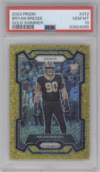 Bryan Bresee from the 2023 Panini Prizm set featuring a Gold Shimmer parallel graded by PSA and given an overall grade of 10.