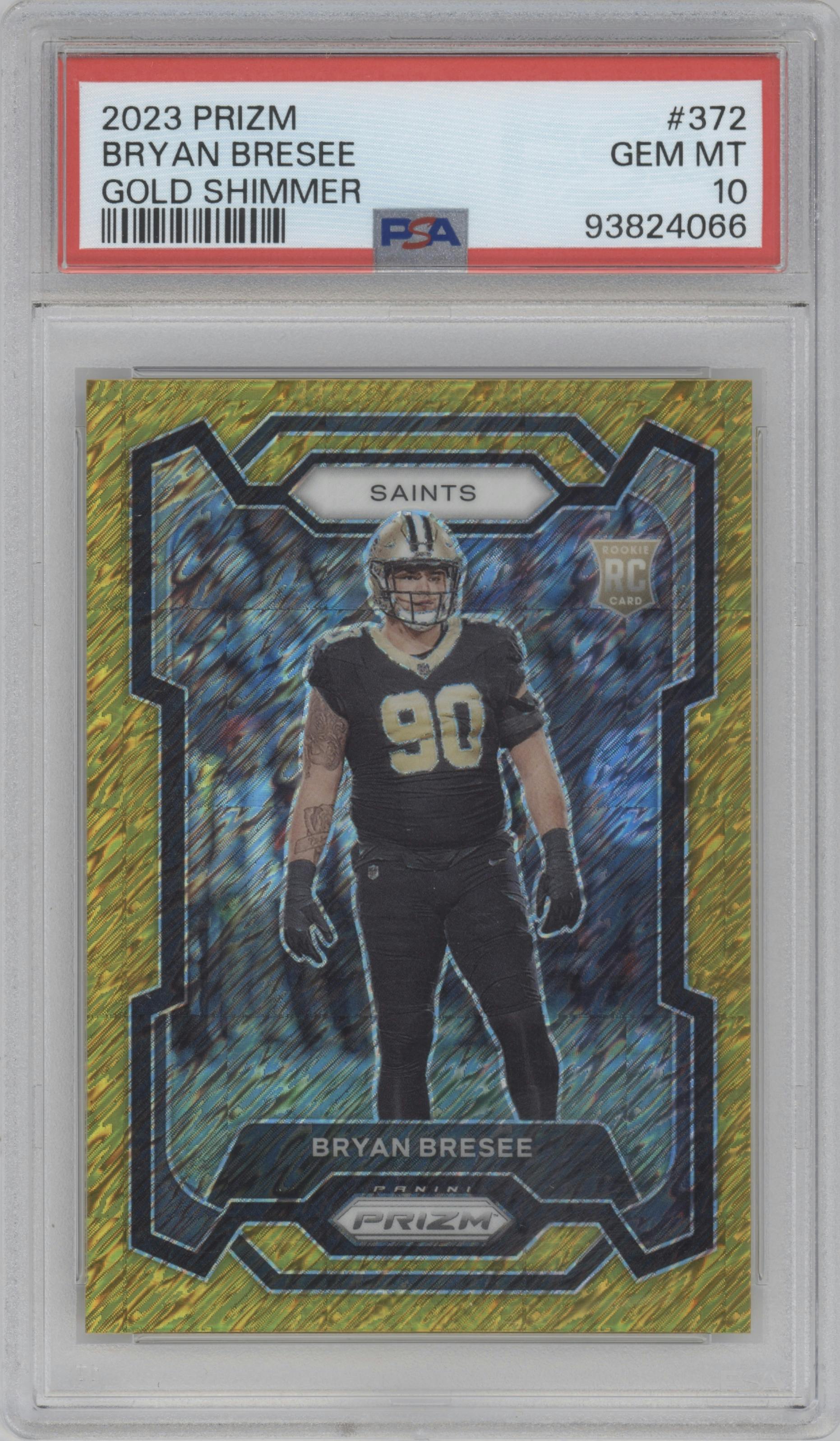 Bryan Bresee from the 2023 Panini Prizm set featuring a Gold Shimmer parallel graded by PSA and given an overall grade of 10.
