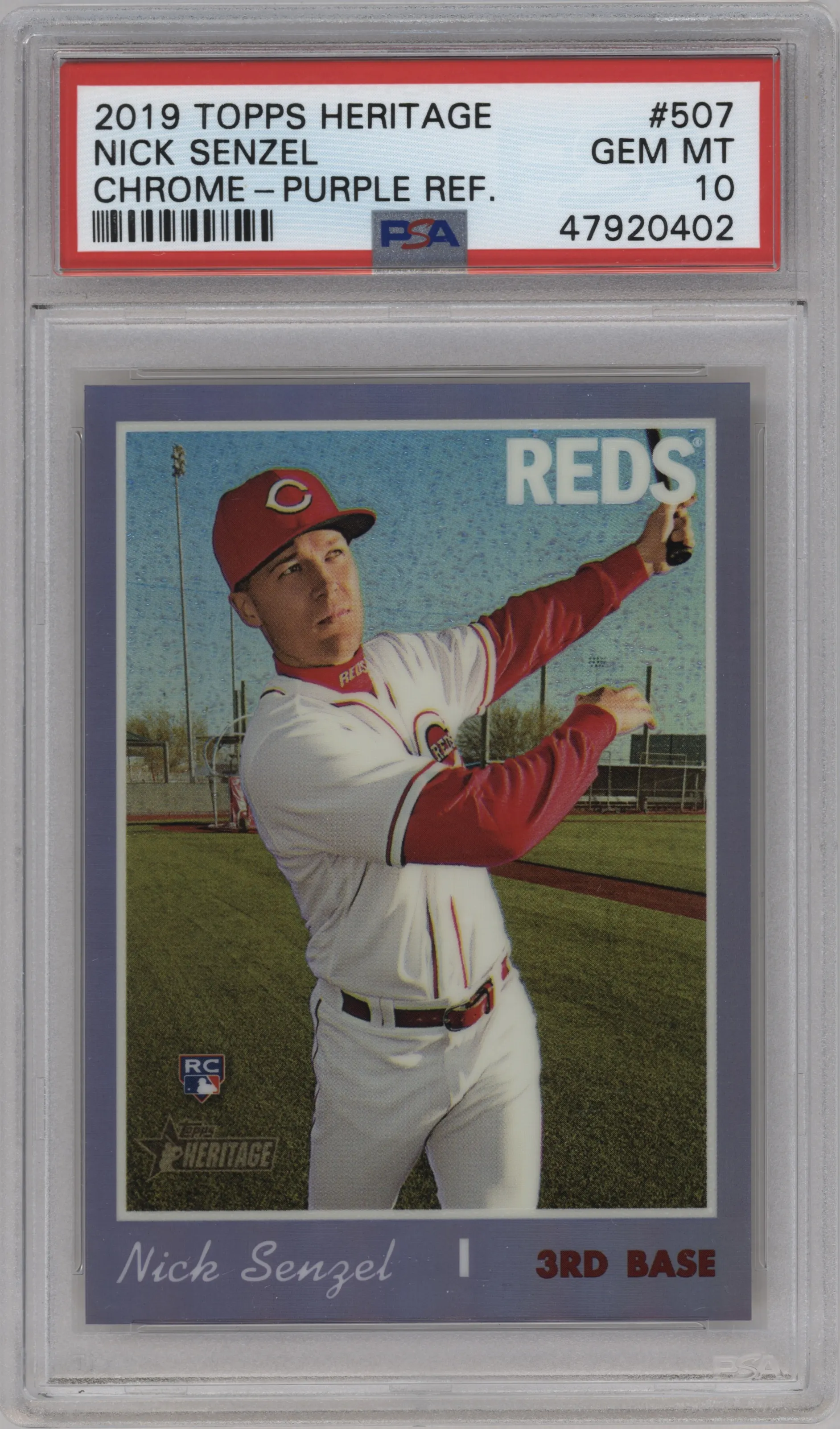 2019 Topps Heritage HN Chrome Nick Senzel Purple Refractor #THC-507 PSA 10