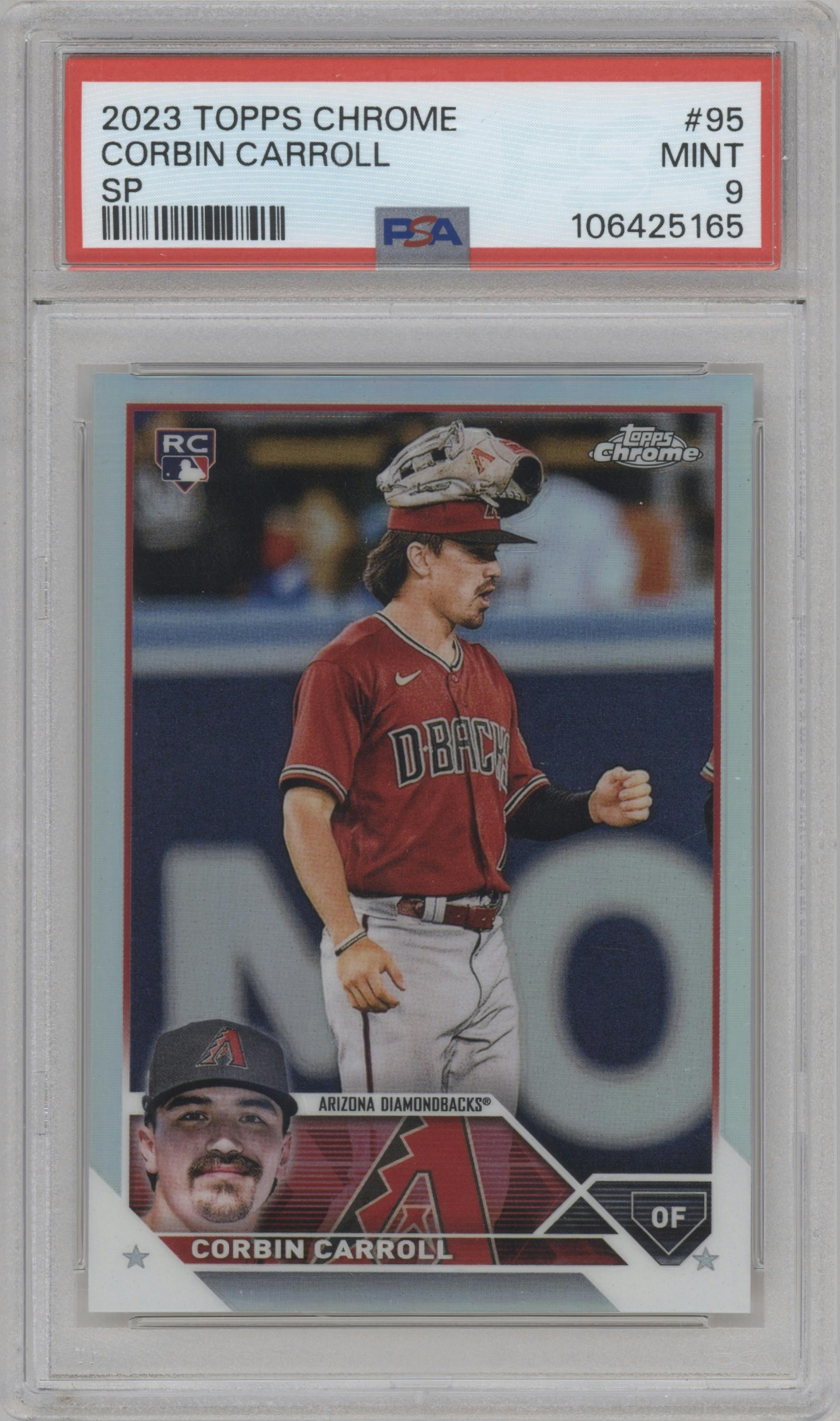 Corbin Carroll from the 2023 Topps Chrome set graded by PSA and given an overall grade of 9.