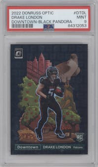 Drake London from the 2022 Panini Donruss Optic set featuring a Black Pandora parallel graded by PSA and given an overall grade of 9.