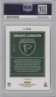 Drake London from the 2022 Panini Donruss Optic set featuring a Black Pandora parallel graded by PSA and given an overall grade of 9.