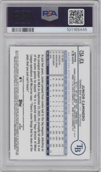 Junior Caminero from the 2024 Topps Chrome Sapphire set graded by PSA and given an overall grade of 10.