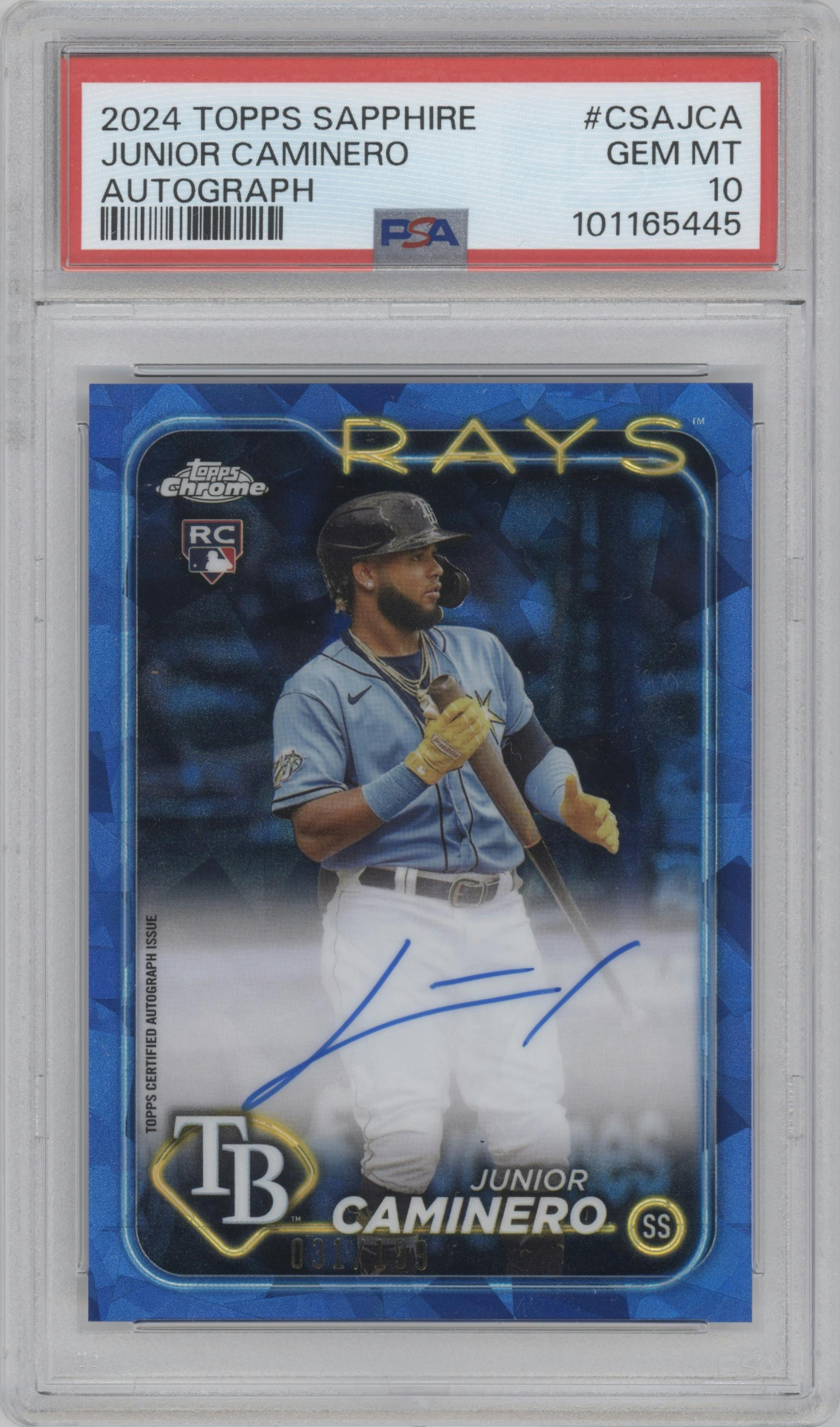Junior Caminero from the 2024 Topps Chrome Sapphire set graded by PSA and given an overall grade of 10.
